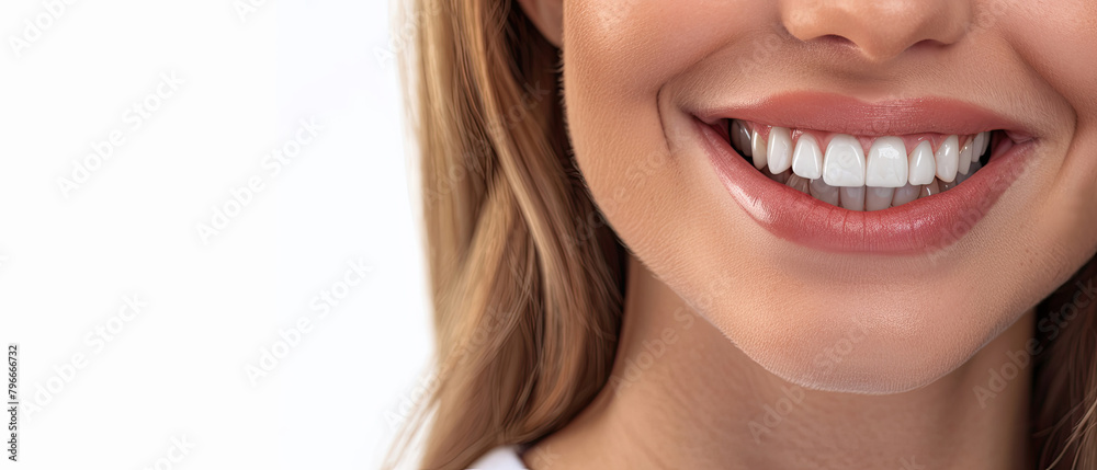 Obraz premium Beautiful smile young woman. White teeth on white background.