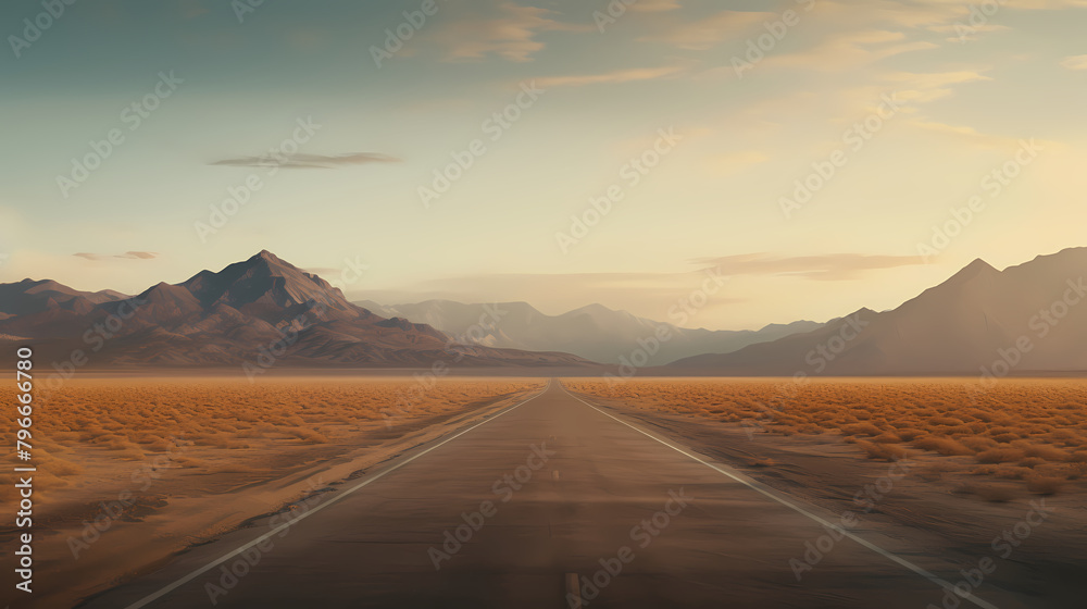 Highway in the desert, mountains on the horizon