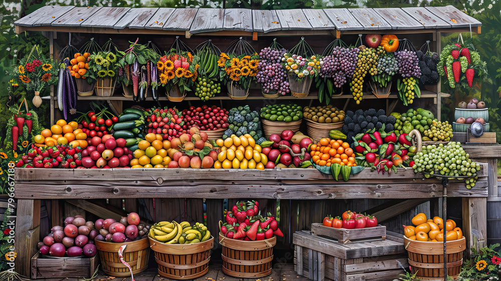 Obraz premium Bountiful Fruit Stand Overflowing with Fresh Produce.