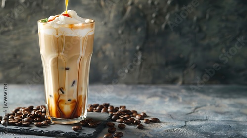 Ice coffee in a tall glass with cream poured over and coffee beans on a grey stone background
