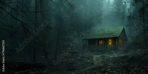 Creepy cabin in the deep dark woods photo