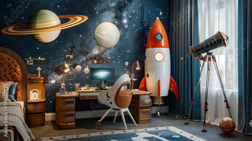 child's bedroom transformed into a space explorer's command center, complete with handmade rocket ships, planetary maps, and a telescope pointed at the stars, fueling dreams of cosmic adventure.