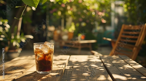Iced coffee on a wooden table in the garden photo