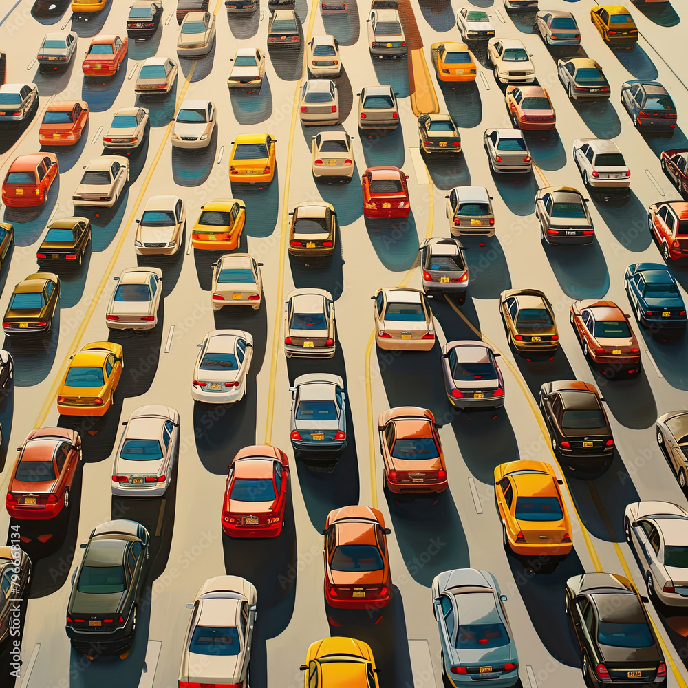 Fototapeta premium Close-up of the lane congested with lots of cars.