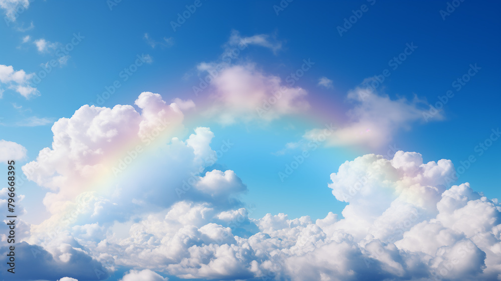 Soft Cloudscape with Subtle Rainbow Amidst Cumulus Clouds Soft Cloudscape with Subtle Rainbow Amidst Cumulus Clouds
