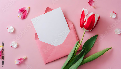 Pink Envelope with Blank Paper on Pink Background for Celebrations like Valentine's Day and Mother's Day