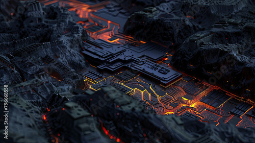 image of fire mining rig, in the style of accurate topography, dark lines, intel core, landscape