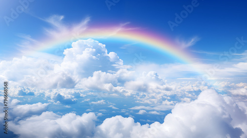 Tranquil Sky with Luminous Rainbow and Cumulus Clouds