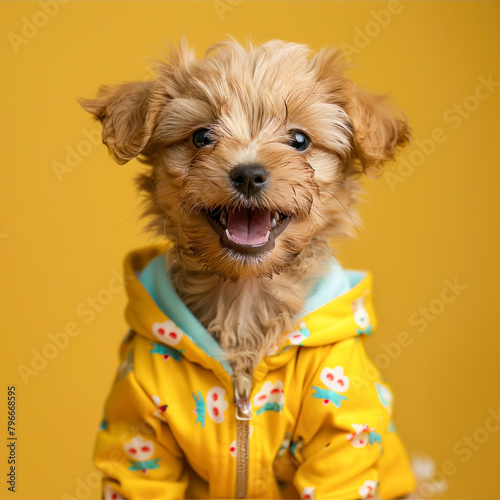 Funny cute puppy surprised wonder, shocked, creative minimal on yellow background. Wow! Hipster puppy dog amazed screaming in fashionable outfit for sale, shopping, advert