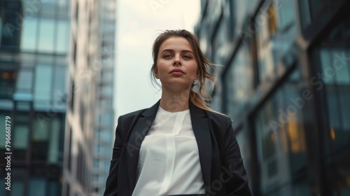 A woman in a business suit stands in front of a building