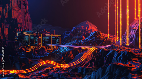 image of fire mining rig, in the style of accurate topography, dark lines, intel core, landscape