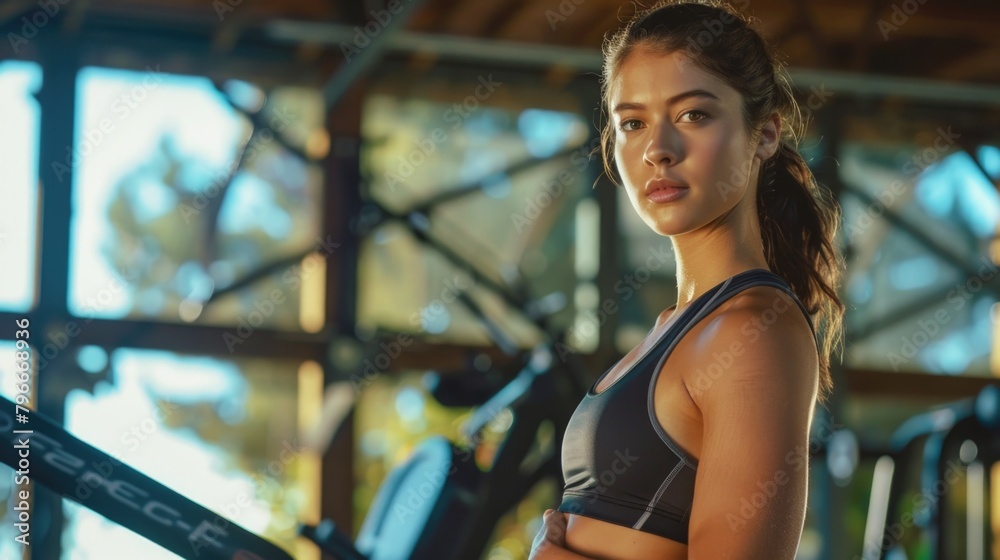 A woman is standing in a gym with a perfect body