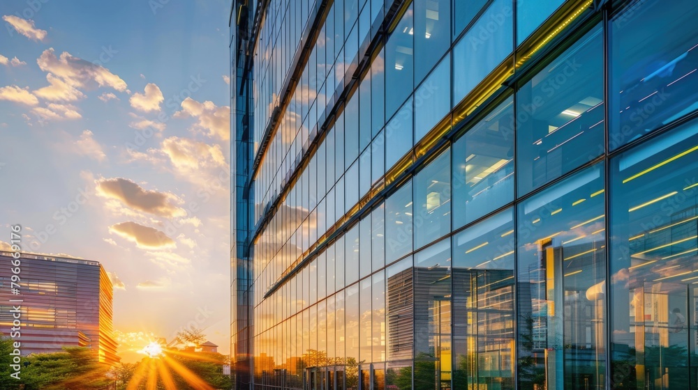 A tall building with a lot of windows and a sun shining on it A tall building with a lot of windows and a sun shining on it