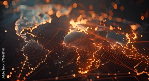 Abstract world map with glowing hotspots indicating global tech innovation hubs, photo