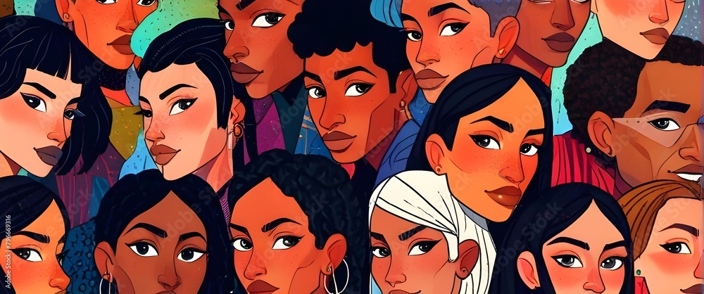 A diverse group of faces, each with their own unique features, connected by a vibrant and intricate web of colorful geometric shapes. Generative AI A diverse group of faces, each with their own unique features, connected by a vibrant and intricate web of colorful geometric shapes. Generative AI
