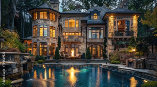 A large house with a pool and a fireplace