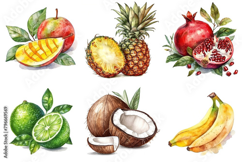 watercolor collection of tropical fruit clipart mango pineapple lime coconut banana pomegranate isolated on white
