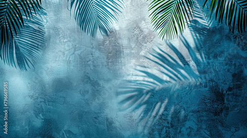 Empty palm shadow blue color texture pattern cement wall background. Used for presentation business nature organic cosmetic products for sale shop online. Summer tropical beach with minimal concept.