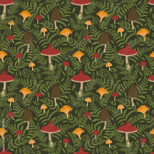 Fern leaves and forest mushrooms seamless pattern. Vector illustration with fern fonds, fly agaric, morel, chanterelle. Goblincore style. Template for textile, wallpaper, paper, print. Dark green. 