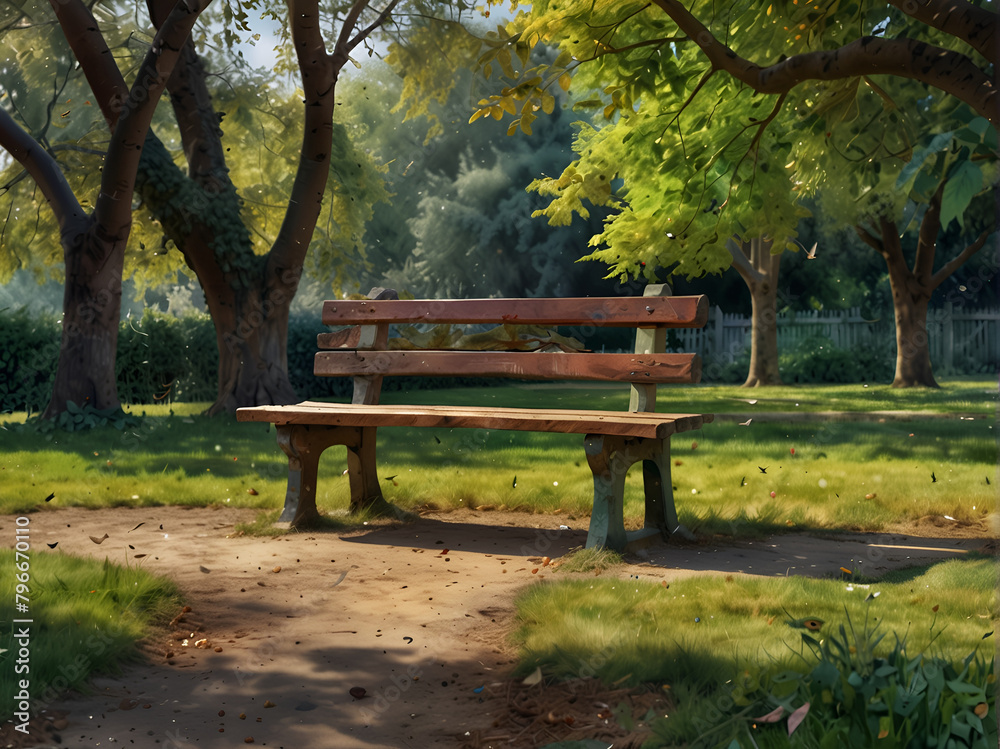 Bench in the garden, on the background of trees, watercolors Bench in the garden, on the background of trees, watercolors