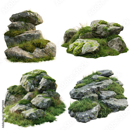 Mossy Rocks on Grassland Cut-Out, The Rock and Grass Landscape, Rock and Moss on Grassy Hill, Isolated on Transparent Background