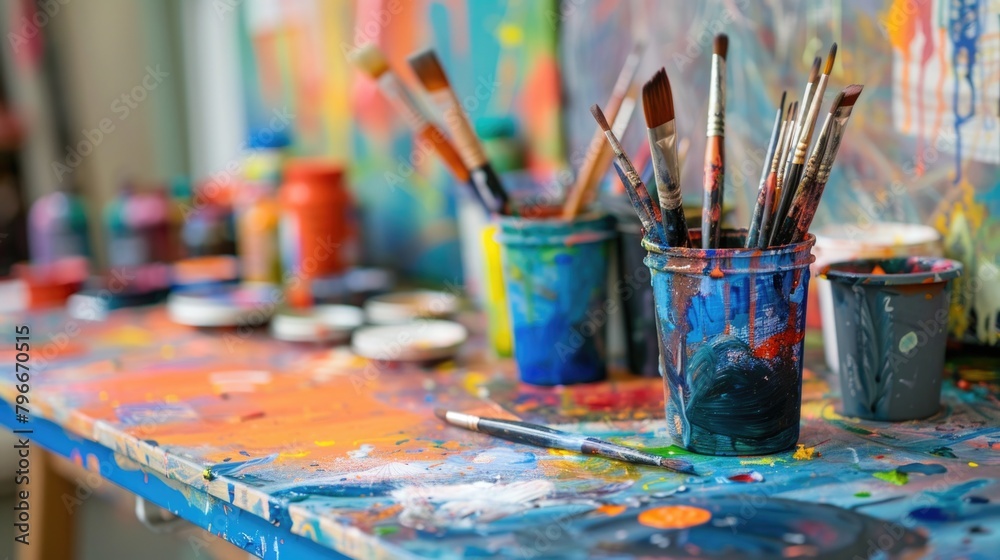 A table with many paint brushes and paint containers A table with many paint brushes and paint containers