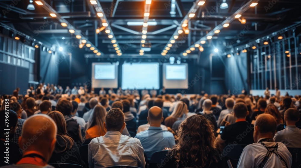 A large crowd of people are sitting in a room with a stage in the background