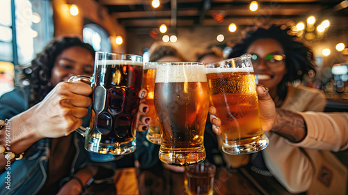 Happy multiracial friends toasting beer glasses at brewery pub restaurant - Group of young people enjoying happy hour drinking alcohol sitting at bar table - Life style  food and beverage concept.