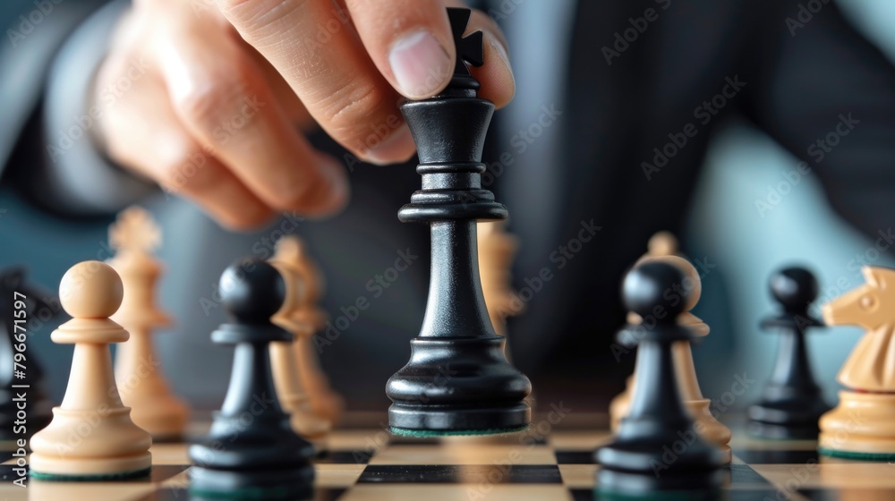 A man is playing chess with a black king A man is playing chess with a black king