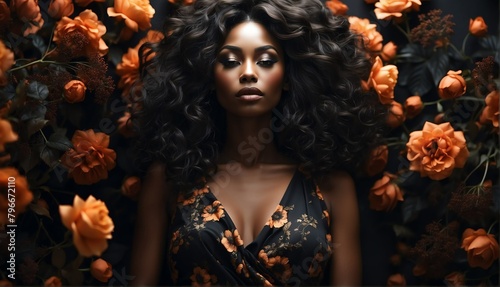 black flowers background for african beautiful happy woman on dress from Generative AI