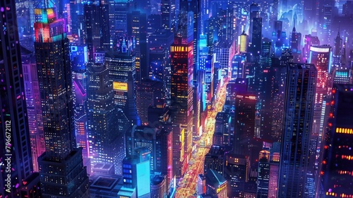 A cityscape with neon lights and tall buildings