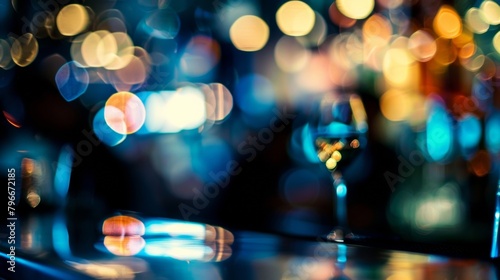 The soft focus of the crowd behind the sleek dimly lit bar creates an air of mystery and allure elevating the atmosphere of opulence and indulgence in the shadows. . photo