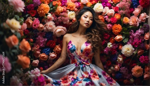colorful flowers background for asian beautiful happy woman on dress from Generative AI