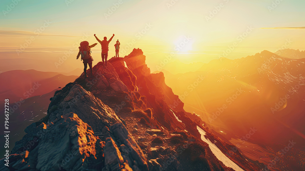 Fototapeta premium Male hiker celebrating success on top of a mountain in a majestic sunrise and Climbing group friends helping hike up .Teamwork, Helps,Success, winner and Leadership.
