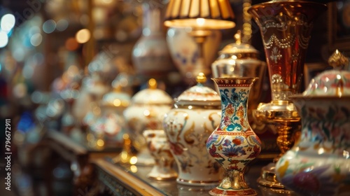 Defocused Timeless Beauty The faded glamour of antique decorations offers a delicate nostalgic scene behind the museums featured artifacts. . © Justlight
