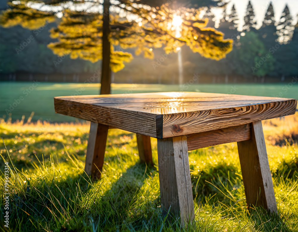 Naklejka premium wooden picnic table in the park
