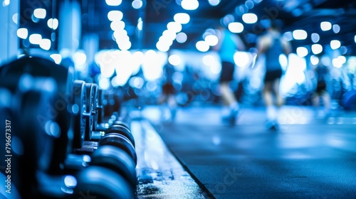 Blurred background of a weight room capturing the vibrant energy and determination of gymgoers lifting heavy weights representing the incredible power hidden within each individual. .