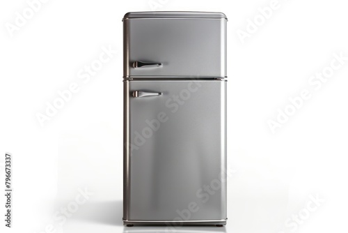 A gray metallic fridge refrigerator appliance white background.