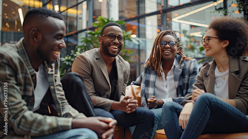 Multicultural businesspeople working in an office lobby. Group of happy businesspeople smiling while sitting together in a co-working space. Young entrepreneurs collaborating on a new project.