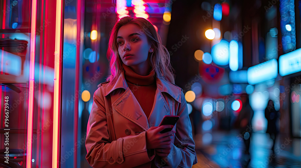 Portrait of a Beautiful Woman in Trench Coat Walking in a Modern City Street with Neon Lights at Night. Attractive Female Using Smartphone and Looking Around the Urban Cinematic Environment. Portrait of a Beautiful Woman in Trench Coat Walking in a Modern City Street with Neon Lights at Night. Attractive Female Using Smartphone and Looking Around the Urban Cinematic Environment.