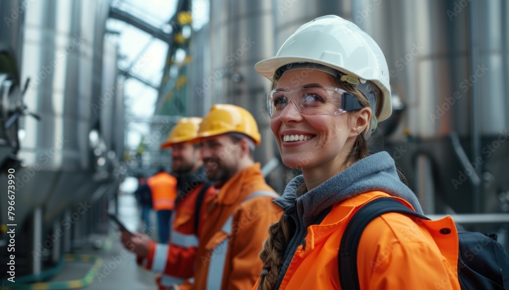 A group of construction workers in safety helmets at a factory A group of construction workers in safety helmets at a factory
