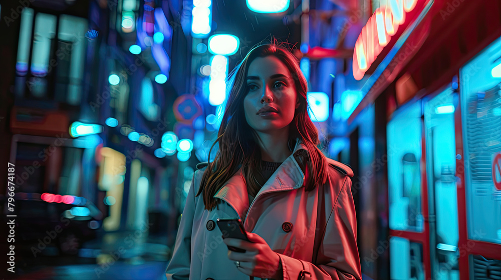 Portrait of a Beautiful Woman in Trench Coat Walking in a Modern City Street with Neon Lights at Night. Attractive Female Using Smartphone and Looking Around the Urban Cinematic Environment.