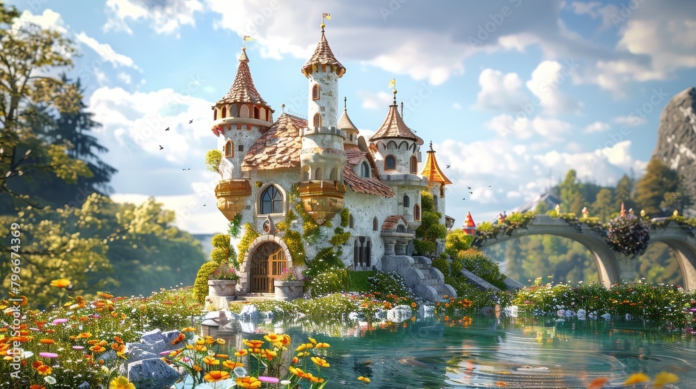 Construct a cute 3D render of a whimsical fairytale castle AI generated illustration Construct a cute 3D render of a whimsical fairytale castle AI generated illustration