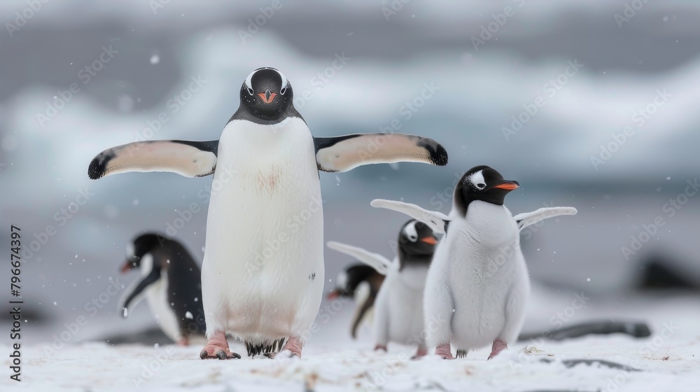 Obraz premium Cute penguin family waddling across Antarctica AI generated illustration