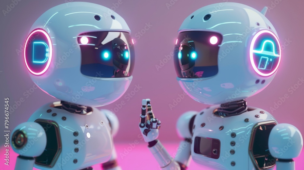Naklejka premium Cute robotic characters engaging with each other on a virtual social media platform AI generated illustration
