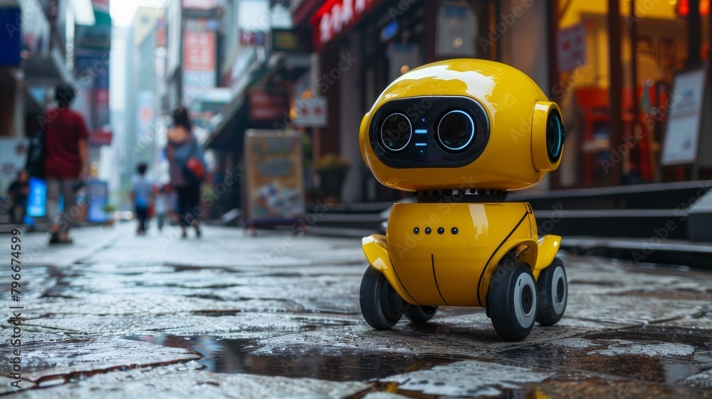 Cute robots wandering the city streets AI generated illustration Cute robots wandering the city streets AI generated illustration