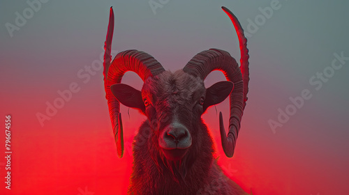 frontal view of a grim looking pyrenean ibex on white background, ethereal, dreamcore a vertifcal neon red light , professional color grading photo