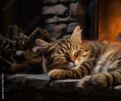 Cat sleeping on blanket by fireplace © Boomanoid