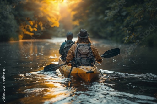 A back view of Adventurous American couple canoeing down river in summer
