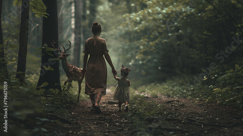 Family of deer are walking in the forest fauns mother photo
